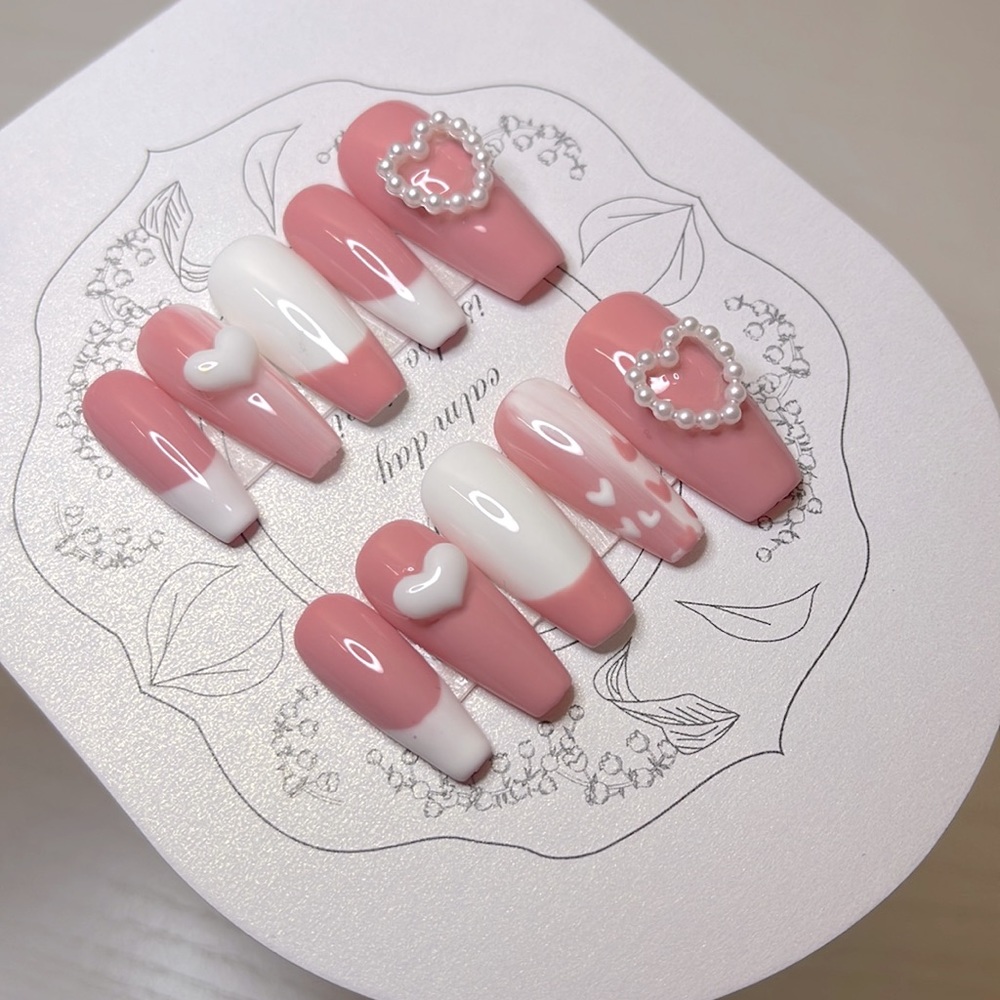 Pink French nail handmade gel nail, pearl nails, press on nail